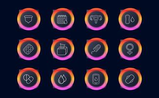 Set of icons representing menstruation and feminine hygiene. Empowering, menstrual cycle, women's health. Neomorphism style. line icon vector