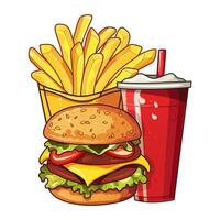 Cheeseburger, cola and french fries in yellow box. Burger, double cutlet, cheddar, cold drink with ice in red cup with lid and straw, fried crisps, drops of condensate on the cup. Fast food, takeaway vector