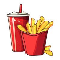 Cola and french fries. Coke, cold drink with ice in a red cup with lid and straw, fried crisps in a red cardboard box, drops of condensate on the cup. Fast food, street, takeaway. Small portion vector