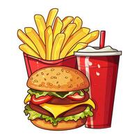 Cheeseburger, cola and french fries in red box. Burger, double cutlet, cheddar, cold drink with ice in a red cup with lid and straw, fried crisps, drops of condensate on the cup. Fast food, takeaway vector