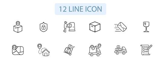 Set of icons representing fast delivery. Speed, quick, express, delivery truck, courier, package, shipping. Pastel color background. 12 line icon vector