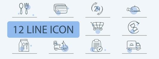 Set of icons representing fast delivery. Speed, quick, express, delivery truck, courier, package. Pastel color background. 12 line icon vector