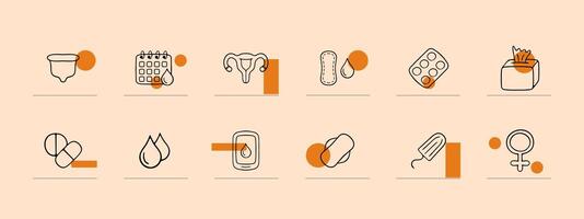 A set of icons representing the menstrual cycle, featuring various symbols and illustrations related to menstruation. Pastel color background. line icon vector