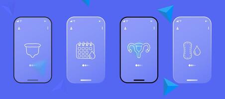 Collection of icons representing critical days. Calendar, female symbol, menstrual cup, pad, tampon. Glassmorphism style. Ui phone app vector