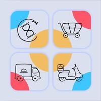 colección de íconos representando comida entrega. entrega bolsa, restaurante, comida camión, scooter. neomorfismo estilo. línea icono vector