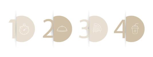 A collection of icons representing food delivery, featuring various symbols and illustrations related to the delivery of meals. Pastel color background. line icon vector