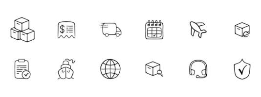colección de íconos representando bienes transporte. entrega, envío, logística, camión, carga, paquete, transporte. negro conjunto icono vector