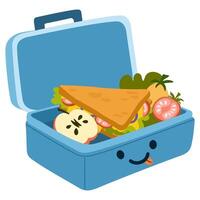 School lunch box, container. Various food, sandwich, fruits, vegetables. Hand drawn illustration. Isolated elements, design templates. Healthy food concept vector