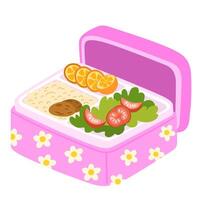 School lunch box, container. Various food, meat, fruits, vegetables. Hand drawn illustration. Isolated elements, design templates. Healthy food concept vector