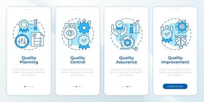 Quality management components blue onboarding mobile app screen. Walkthrough 4 steps editable graphic instructions with linear concepts. UI, UX, GUI template vector