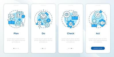 PDCA system blue onboarding mobile app screen. Walkthrough 4 steps editable graphic instructions with linear concepts. UI, UX, GUI template vector