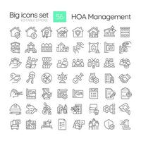 HOA management linear icons set. Association community, violation tracking. Administrative support. Customizable thin line symbols. Isolated outline illustrations. Editable stroke vector