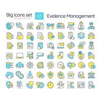 Evidence management RGB color icons set. Forensic analysis, cybersecurity. Criminal investigation. Isolated illustrations. Simple filled line drawings collection. Editable stroke vector