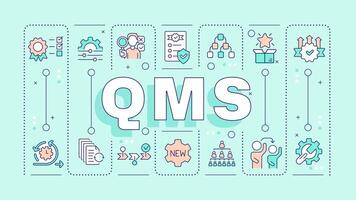 QMS turquoise word concept. Product quality. Performance metrics, project lifecycle. Typography banner. Illustrationwith title text, editable icons color vector