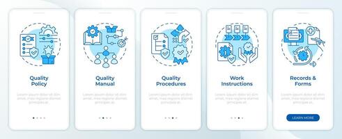 QMS documents blue onboarding mobile app screen. Walkthrough 5 steps editable graphic instructions with linear concepts. UI, UX, GUI template vector
