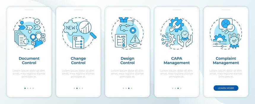 QMS organization blue onboarding mobile app screen. Walkthrough 5 steps editable graphic instructions with linear concepts. UI, UX, GUI template vector