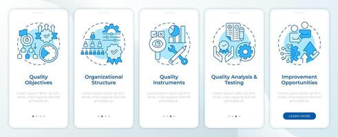 QMS structure blue onboarding mobile app screen. Walkthrough 5 steps editable graphic instructions with linear concepts. UI, UX, GUI template vector