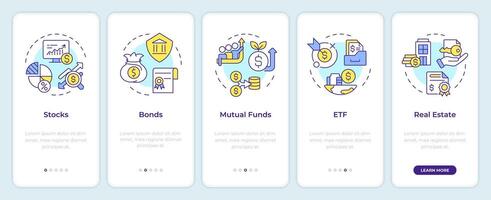 Investments types onboarding mobile app screen. Walkthrough 5 steps editable graphic instructions with linear concepts. UI, UX, GUI template vector