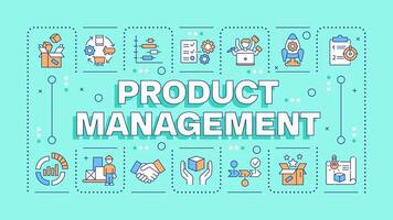 Product management turquoise word concept. Product planning, development and launch. Typography banner. Illustrationwith title text, editable icons color vector