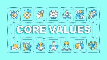 Core values turquoise word concept. Company principles. Social responsibility. Business ethics. Typography banner. Illustrationwith title text, editable icons color vector