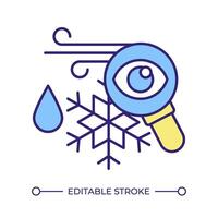 Weather data RGB color icon. Climate control, wind speed. Atmospheric condition, humidity waterdrop. Magnifier observation. Isolated illustration. Simple filled line drawing. Editable stroke vector