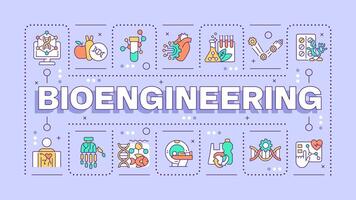 Bioengineering purple word concept. Genetic engineering. Medical devices. DNA. Bioinformatics. Typography banner. Illustrationwith title text, editable icons color vector