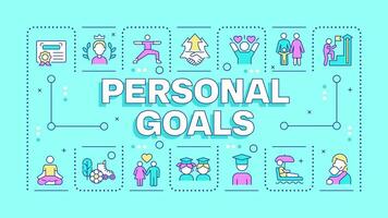 Personal goals turquoise word concept. Self improvement. Career advancement. Goal setting. Typography banner. Illustrationwith title text, editable icons color vector