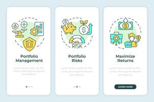 Portfolio management features onboarding mobile app screen. Walkthrough 3 steps editable graphic instructions with linear concepts. UI, UX, GUI template vector