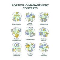 Portfolio management multi color concept icons. Investment allocation, interest payment. Icon pack. Round shape illustrations for infographic, presentation. Abstract idea vector