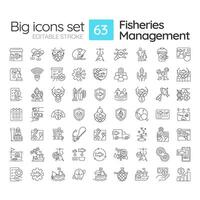 Fisheries management linear icons set. Fishing license, ecosystem health. Vessel tracking, monitoring. Customizable thin line symbols. Isolated outline illustrations. Editable stroke vector