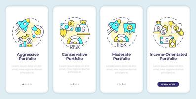 Portfolio management strategies onboarding mobile app screen. Walkthrough 4 steps editable graphic instructions with linear concepts. UI, UX, GUI template vector