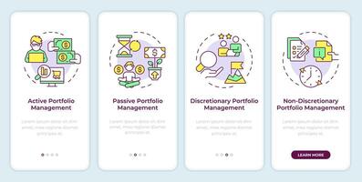 Types of portfolio management onboarding mobile app screen. Walkthrough 4 steps editable graphic instructions with linear concepts. UI, UX, GUI template vector