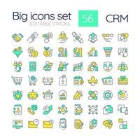 CRM RGB color icons set. Customer satisfaction management. Social marketing, sales forecasting. Isolated illustrations. Simple filled line drawings collection. Editable stroke vector