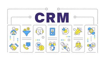 CRM word concept isolated on white. Social media marketing. Advanced analytics, key performance. Creative illustration banner surrounded by editable line colorful icons vector