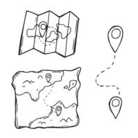 Hand-drawn set of maps and pins. Isolated objects on a white background. cartoon doodles. vector
