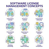 Software license management multi color concept icons. Device tracking, access control. Icon pack. Round shape illustrations for infographic, presentation. Abstract idea vector