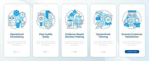 QMS organization benefits blue onboarding mobile app screen. Walkthrough 5 steps editable graphic instructions with linear concepts. UI, UX, GUI template vector