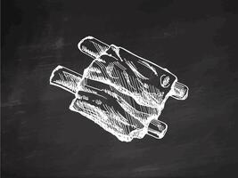 Hand-drawn monochrome sketch of barbecue ribs. Doodle vintage illustration. Decorations for the menu of cafes and labels. Engraved image on chalkboard background. vector