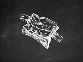 Hand-drawn monochrome sketch of barbecue ribs. Doodle vintage illustration. Decorations for the menu of cafes and labels. Engraved image on chalkboard background. vector