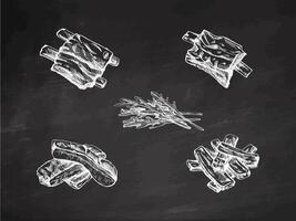 Hand-drawn monochrome sketch set of barbecue ribs and a bunch of arugula. Doodle vintage illustration. Decorations for the menu of cafes and labels. Engraved image on chalkboard background. vector