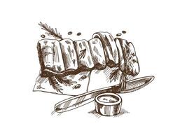 Hand-drawn monochrome sketch of barbecue ribs. Doodle vintage illustration. Decorations for the menu of cafes and labels. Engraved image. vector