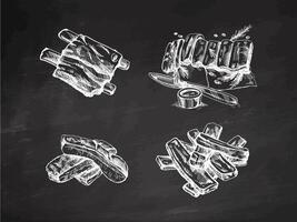 Hand-drawn monochrome sketch set of barbecue ribs. Doodle vintage illustration. Decorations for the menu of cafes and labels. Engraved image on chalkboard background. vector