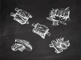 Hand-drawn monochrome sketch set of barbecue ribs. Doodle vintage illustration. Decorations for the menu of cafes and labels. Engraved image on chalkboard background. vector