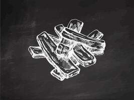 Hand-drawn monochrome sketch of barbecue ribs. Doodle vintage illustration. Decorations for the menu of cafes and labels. Engraved image on chalkboard background. vector