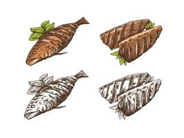 Hand-drawn colored and monochrome sketch of barbecue fish. Doodle vintage illustration. Decorations for the menu of cafes and labels. Engraved image. vector