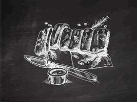 Hand-drawn monochrome sketch of barbecue ribs. Doodle vintage illustration. Decorations for the menu of cafes and labels. Engraved image on chalkboard background. vector