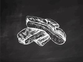 Hand-drawn monochrome sketch of barbecue ribs. Doodle vintage illustration. Decorations for the menu of cafes and labels. Engraved image on chalkboard background. vector