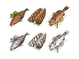 Hand-drawn colored and monochrome sketch of barbecue fish. Doodle vintage illustration. Decorations for the menu of cafes and labels. Engraved image. vector