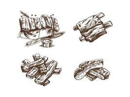 Hand-drawn monochrome sketch set of barbecue ribs. Doodle vintage illustration. Decorations for the menu of cafes and labels. Engraved image. vector