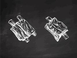 Hand-drawn monochrome sketch set of barbecue ribs. Doodle vintage illustration. Decorations for the menu of cafes and labels. Engraved image on chalkboard background. vector